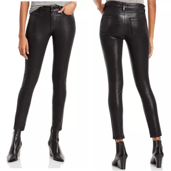 PAIGE Hoxton High Rise Ankle Skinny Jeans Black Fog Luxe Coating Faux Leather - Picture 1 of 14